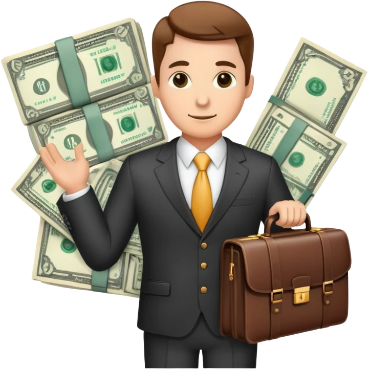 financial expert with business suit, briefcase, charts and money symbols emoji