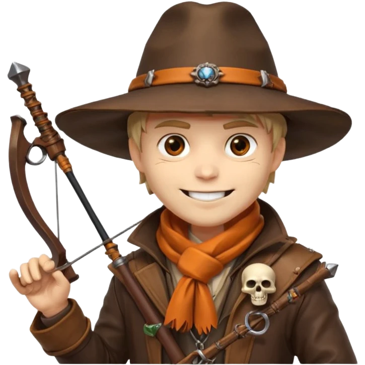 male human monster hunter emoji, wearing brown leather coat and wide hat, holding crossbow or rifle, with amulet shaped like skull, Halloween fantasy theme, confident smile, orange scarf, Apple emoji style, clean white background, square image emoji