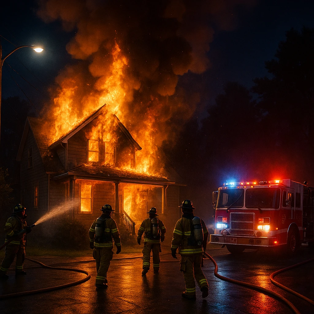 house on fire with firefighters responding at night emoji