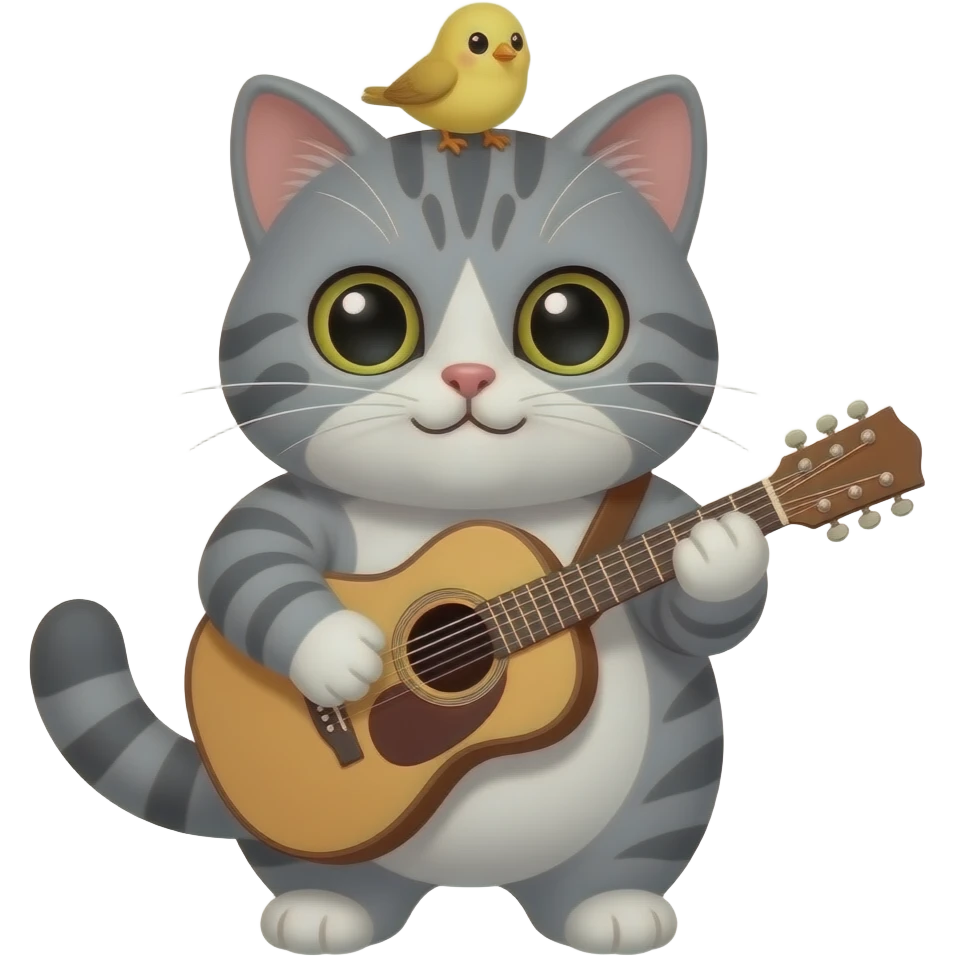 a cute loveable fat gray tabby cat with a small yellow bird on his head, playing a guitar. the image must be a transparent .png. no light or dark border or outer glow or stroke around the image contour emoji