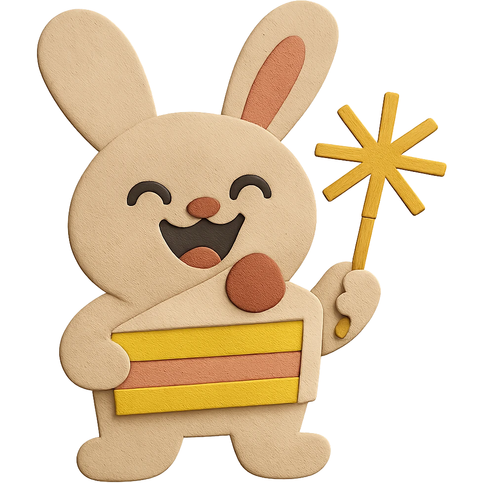 Improve the overall visual appearance of the bunny to be well-shaped, balanced, and even more appealing. Make sure the design matches the laugh face and keeps the paper-craft style, cake slice, and sparkler. emoji