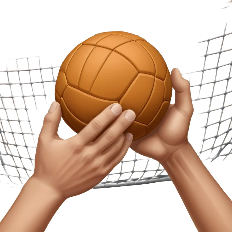 A close-up of a hand gripping a handball, with the handball gates visible in the background. The focus is on the texture of the ball and the strength of the grip, with the goal net slightly blurred to emphasize the anticipation of the throw. emoji