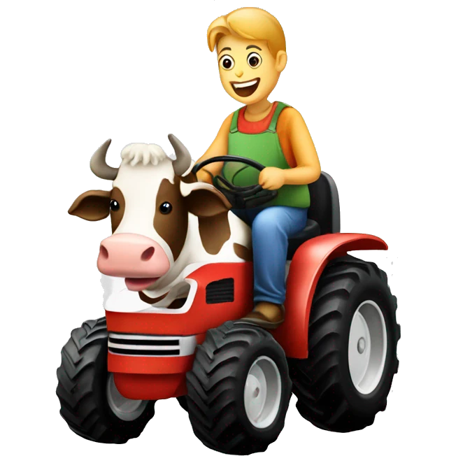 A cow riding a tractor eating a burger emoji