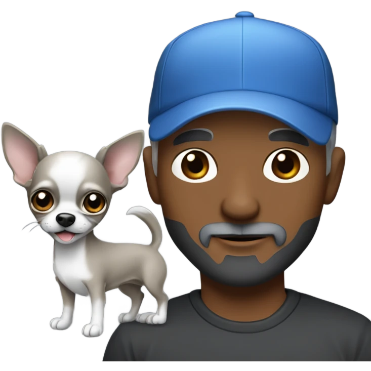 Handsome blue eyed man, with grey hair,  and grey goatee beard, wearing ball cap, holding ‘a black long hair chihuahua’ emoji