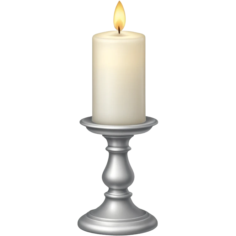 A silver candlestick holding a thick pillar candle glowing warmly. emoji