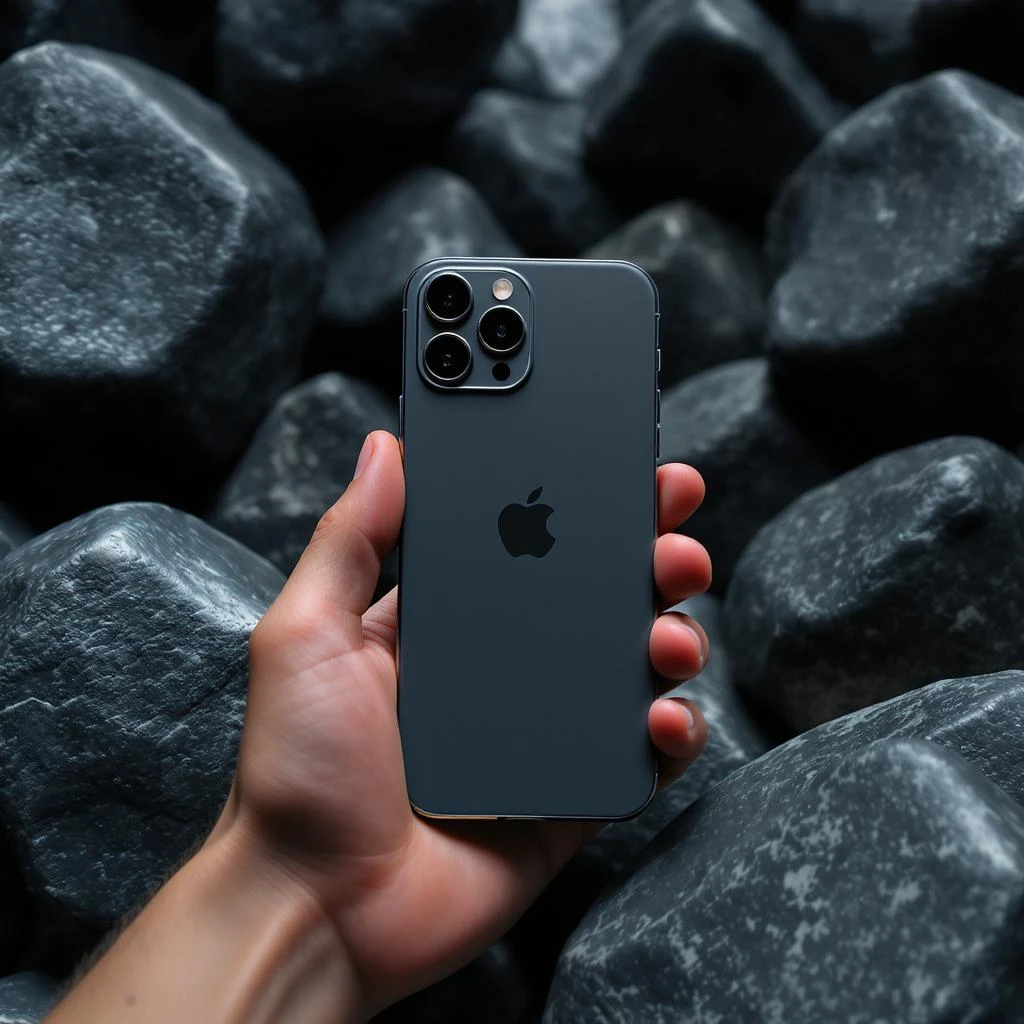 Iphone 16pro around black stones, cinematic shot emoji