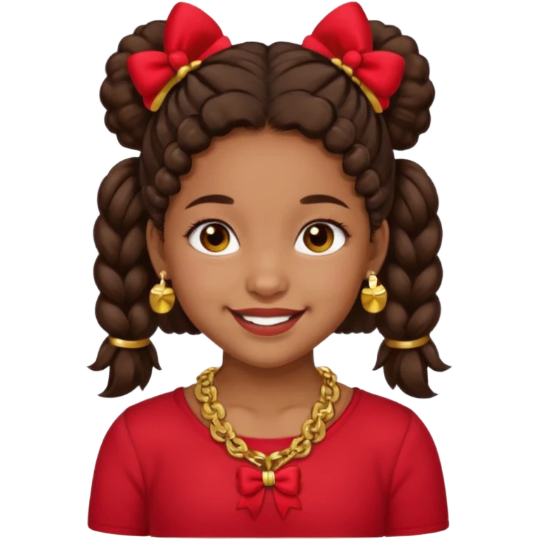 Brownskin girl dark brown hair fluffy. pigtails with red bows brown eyes smiling closed mouth red shirt gold esrrings gold necklace emoji