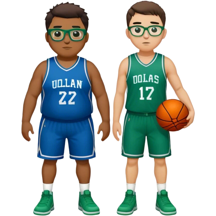 Full Body overweight white male with dark short spike hair basketball player wearing glasses wearing blue and green uniform emoji