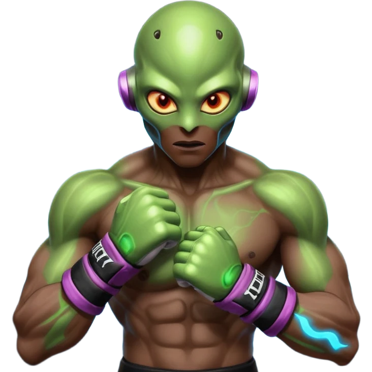 energy alien MMA fighter portrait, head and shoulders only, glowing veins, crackling aura, futuristic fight gloves, intense glowing eyes, 3D cartoon, mobile game icon style, clean background, no text, no watermark
 emoji
