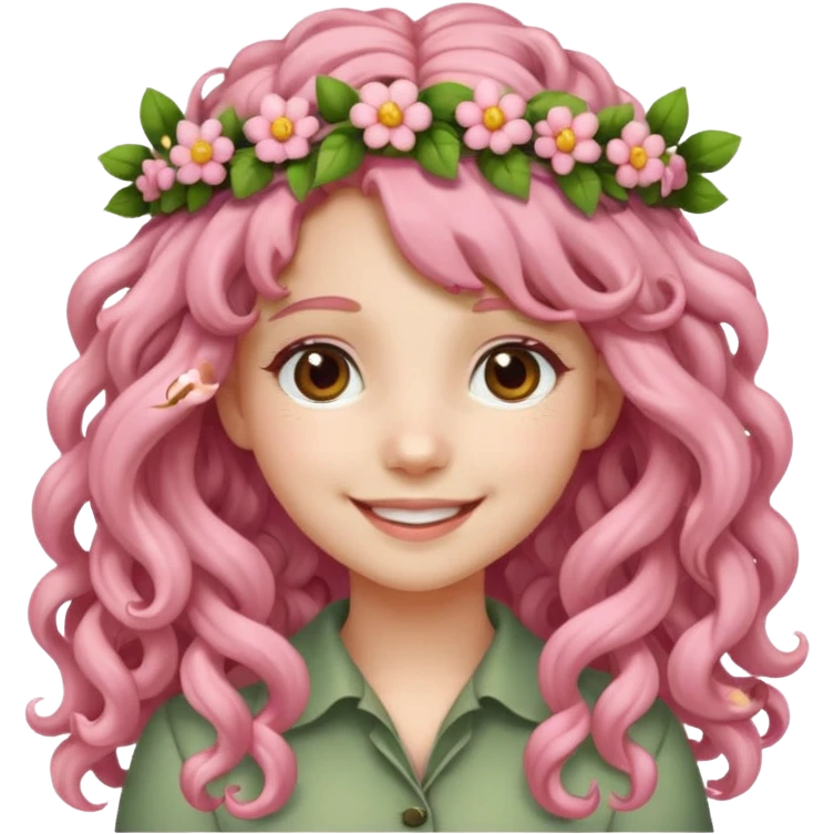 A girl with long, light pink curly hair wore a matching floral wreath on her head. emoji