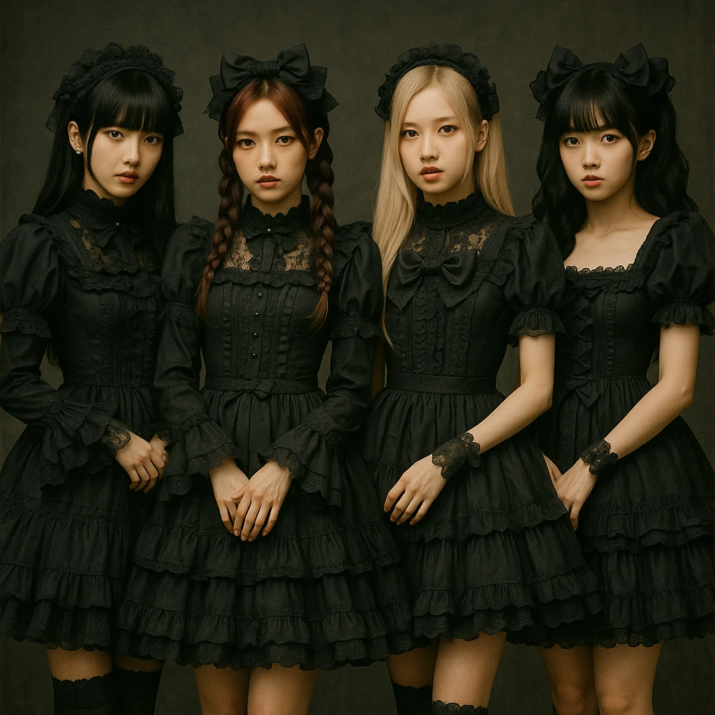Blackpink in lolita goth style, frilly dresses, lace, cute but dark emoji