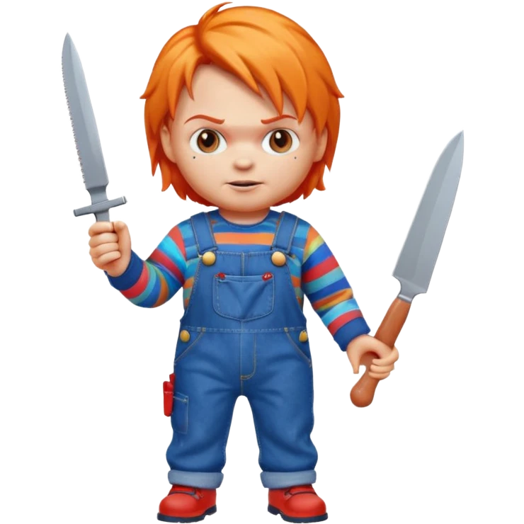 Chucky doll emoji holding a small knife, orange hair, blue overalls, apple style emoji emoji