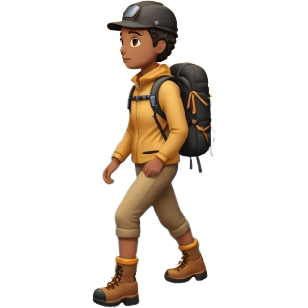 A 3D cartoon hiker silhouette standing on a rocky path at sunset, warm golden light, Memoji-style rendering. inside photo frame emoji