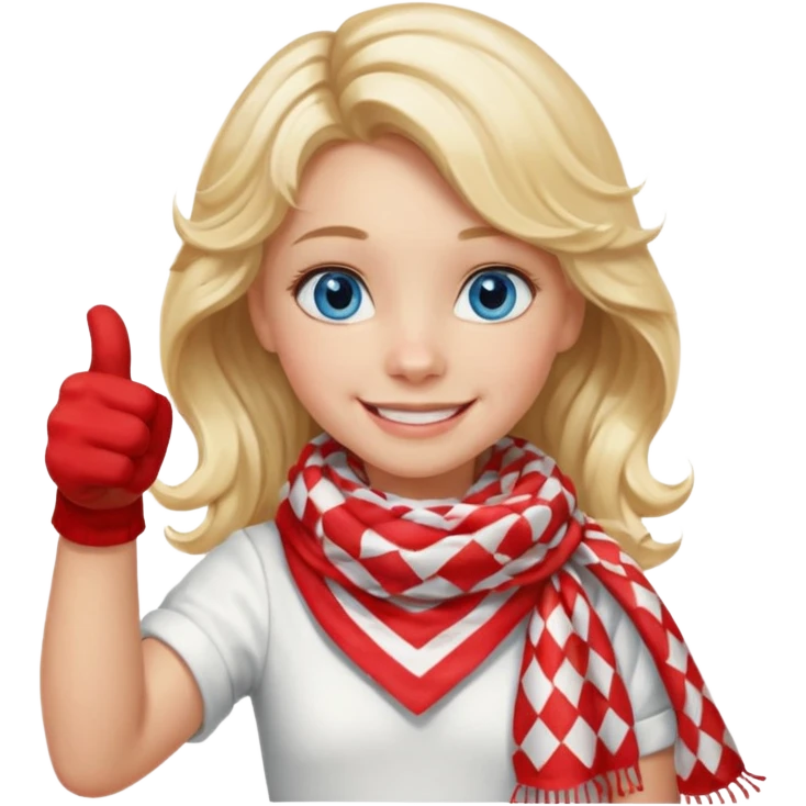Blonde Girl Model, Blue Eyes, wavy hair, smiling, thumbs up, wearing red Checkered Triangle scarf, white dress emoji