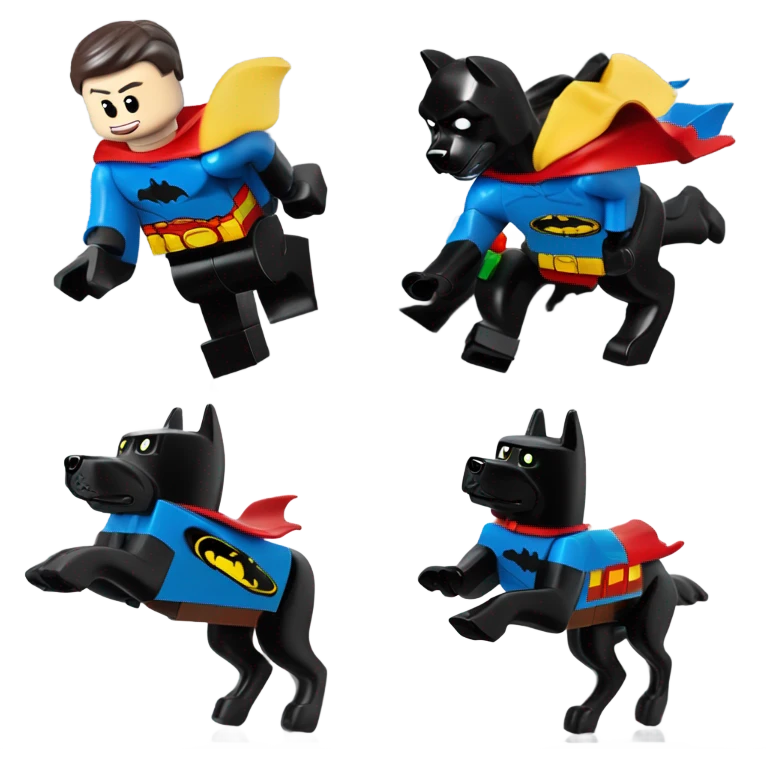 Lego Batman riding a Black lab chasing Superman  emoji