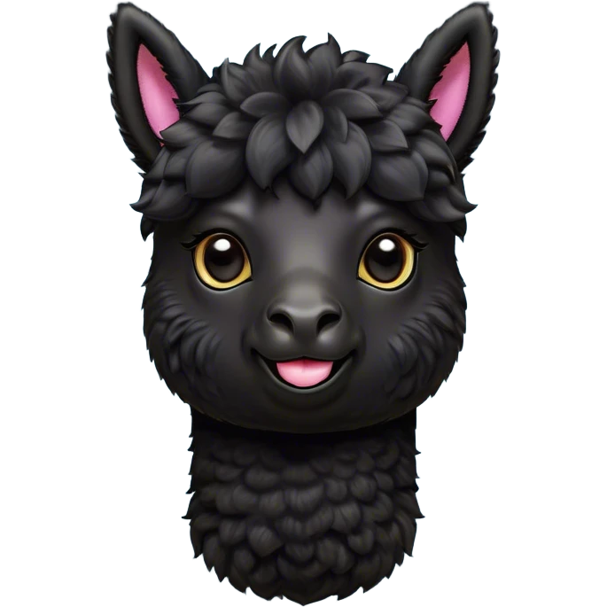 Cinematic Cute Black Alpaca Portrait Emoji, Head tilted playfully and inquisitively, featuring a plush, shiny jet-black fleece with a lustrous sheen, round, sparkling dark eyes filled with curiosity, Simplified yet irresistibly adorable features, highly detailed, glowing with a warm, friendly glow, high shine, affectionate and gentle, stylized with a touch of whimsy, bright and endearing, soft glowing outline, capturing the essence of a mischievous yet loving alpaca, so playful it feels like it could prance out of the screen and into your arms! emoji