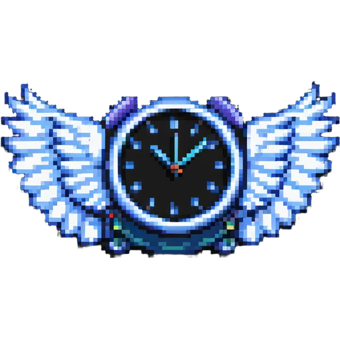 pixel art of a clock with wings, time flying concept emoji