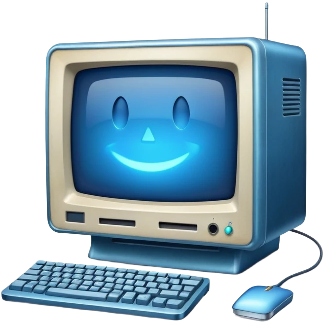 old mac computer with a blue glowy screen, emoji