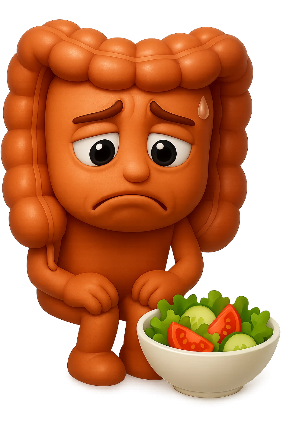 EMOJI STILE IPHONE DI UN INTESTINO UMANO ANATOMICO CHE GUARDA UN INSALATA CON ESPRESSIONE TRISTE E RASSEGNATA IN VOLTO: SOFFRE LA FAME PERCHé è A DIETA, FAGLI ANCHE LA PARTE BIANCA DEGLI OCCHI, NON SOLO LE PUPILLE, IPERREALISTICO 4K emoji