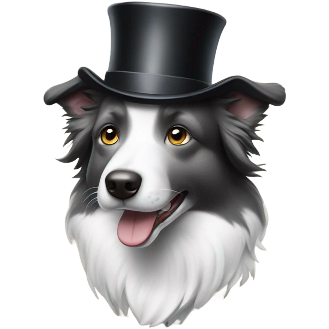 Grey and white border collie wearing a top hat and a monocle emoji