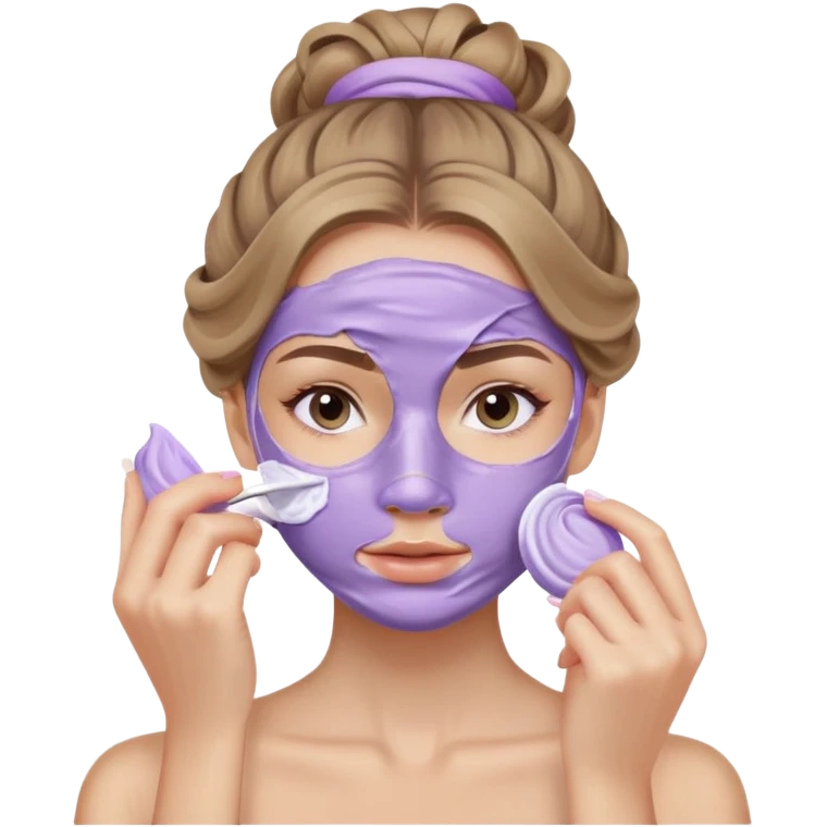 caucasian girl with long wavy dark blonde hair in messy bun applying lilac colored skincare mask covering face emoji