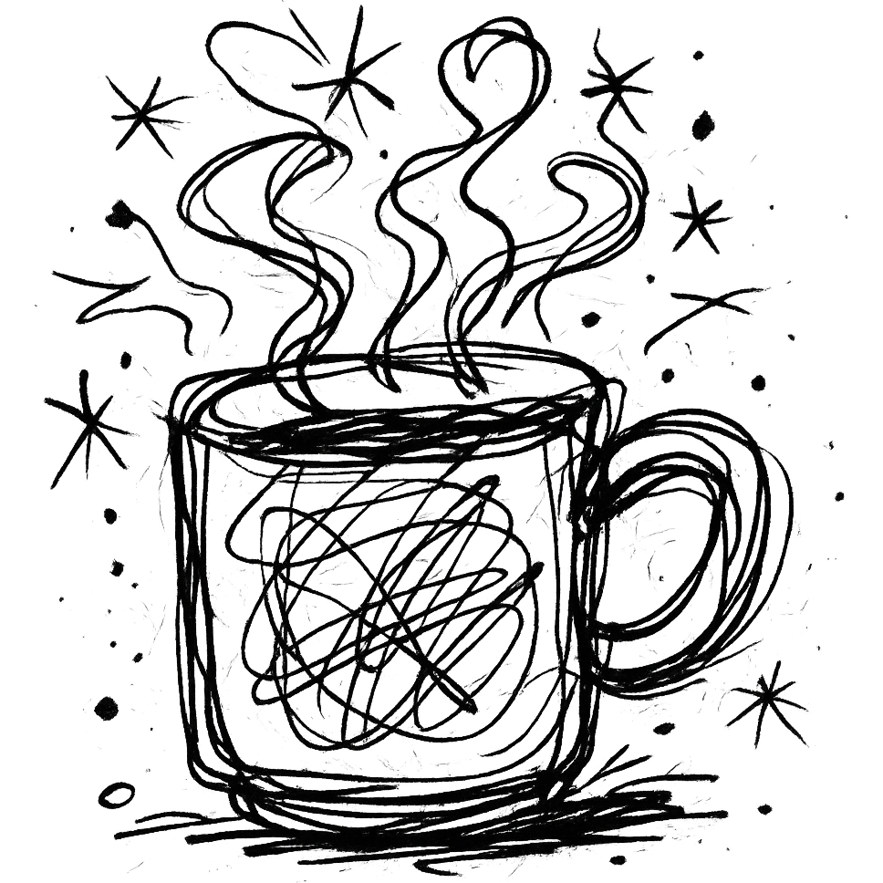chaotic outlined icon of a coffee cup with erratic steam and scribbled lines emoji