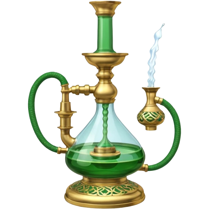 Brass hookah with green design on a glass water base and a glass banger on the top; with two outlet emoji