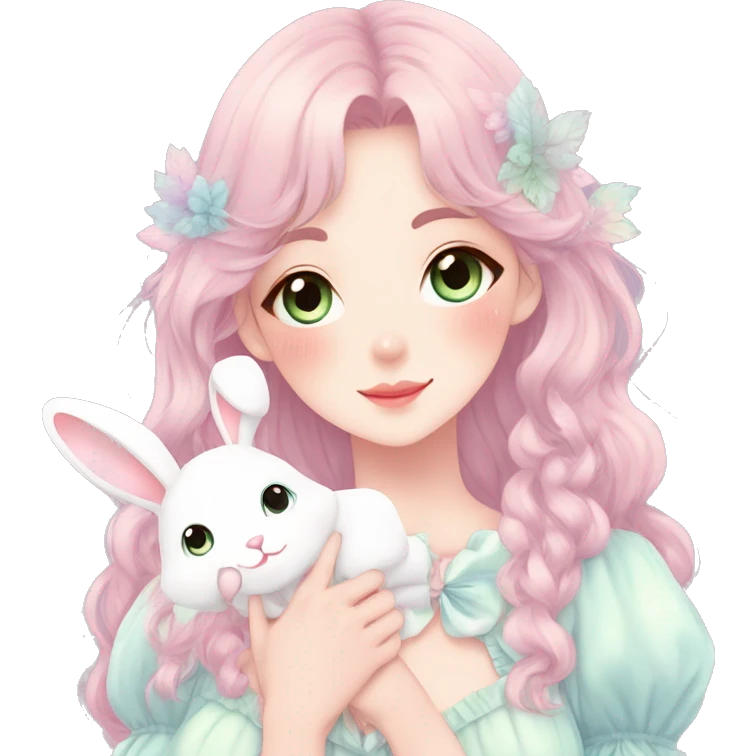 Gorgeous pastel anime style lady with blushing face and holding a bunny cottagecore fairycore pastelcore colorful pearly romantic simplistic aesthetic trending style emoji