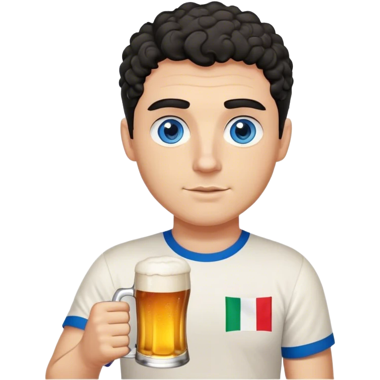 white guy thick eyebrows blue eyes with short curly black hair holding beer wearing a shirt with the italian flag emoji