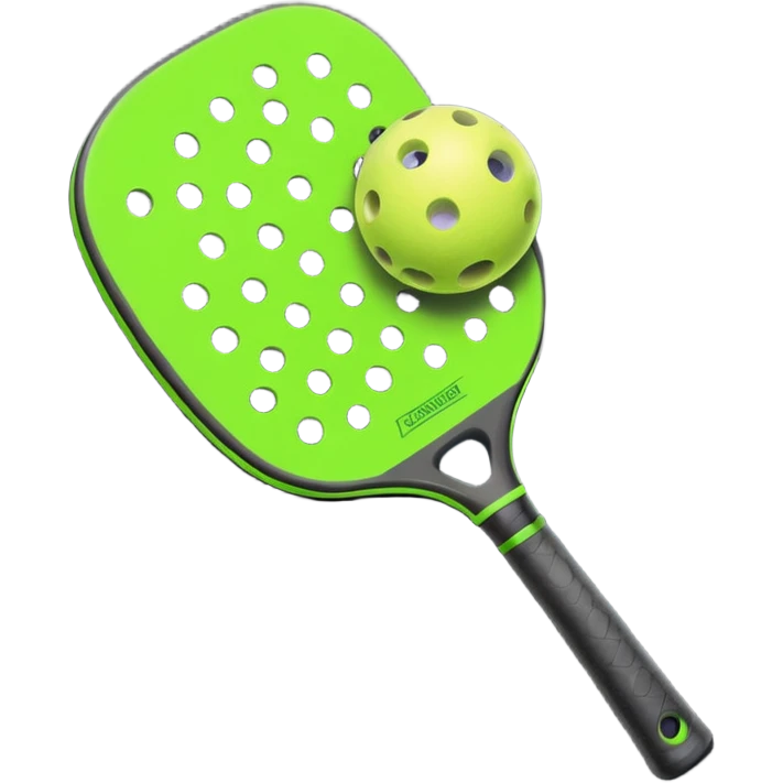 Modern Pickleball paddle graphite without holes, dark grey. 1 Pickleball ball beside or on top the paddle florescent green at 45 degrees emoji