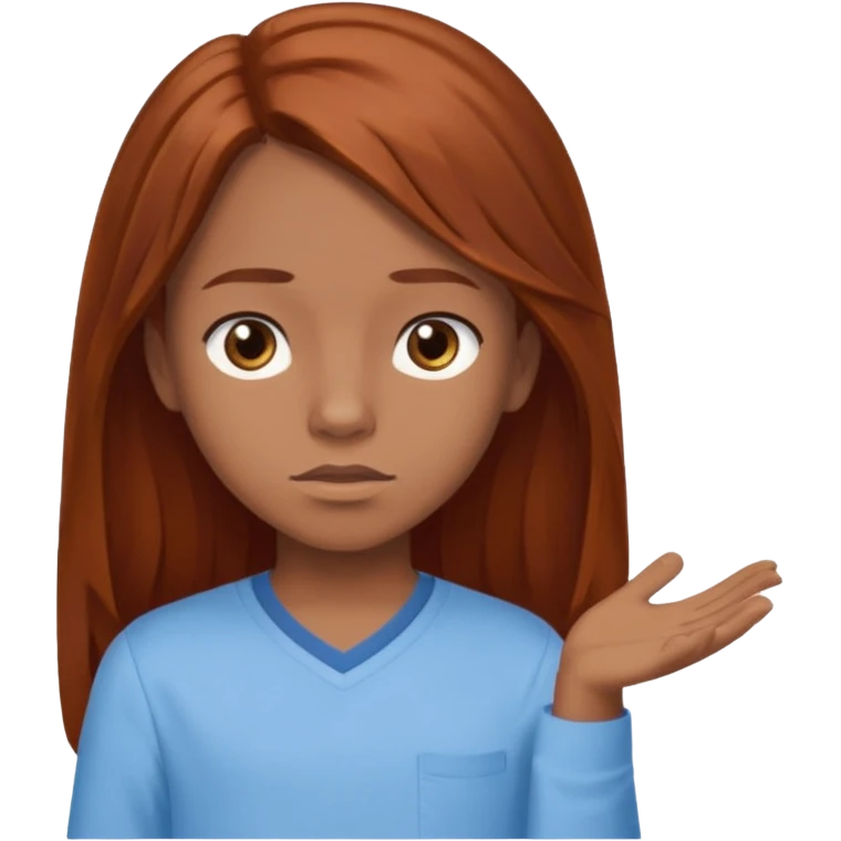 shrugging emoji brown eyed tween long auburn hair light blue shirt with a darker blue L emoji