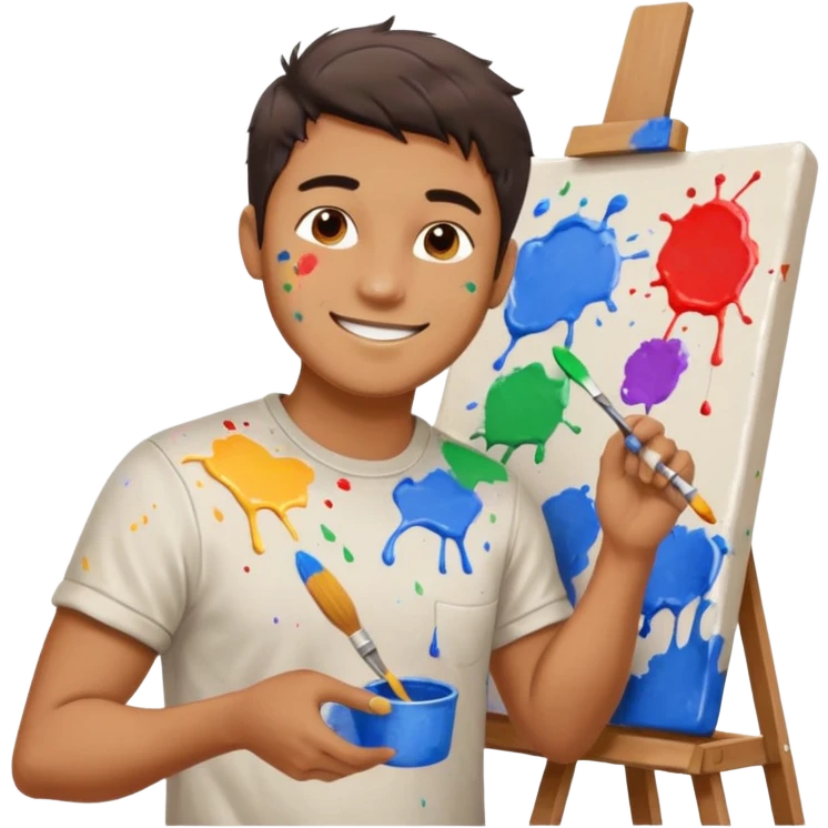 male artist painting at a canvas, smiling emoji