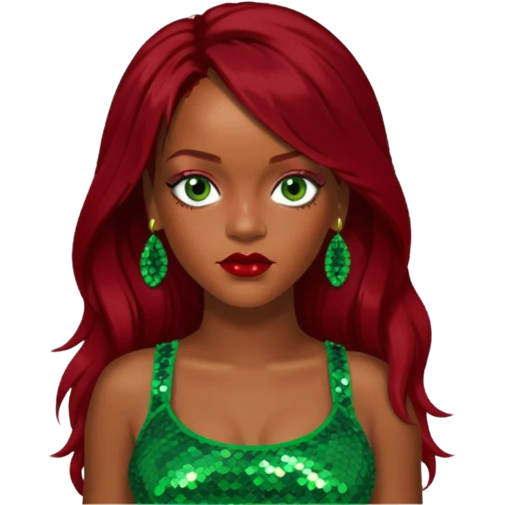 Rihanna with dark red long hair, green sequin crop top, hazel eye emoji