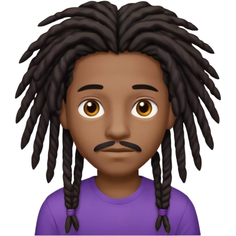black teen with black dreads in a middle part with brown eyes and a small mustache and purple shirt emoji