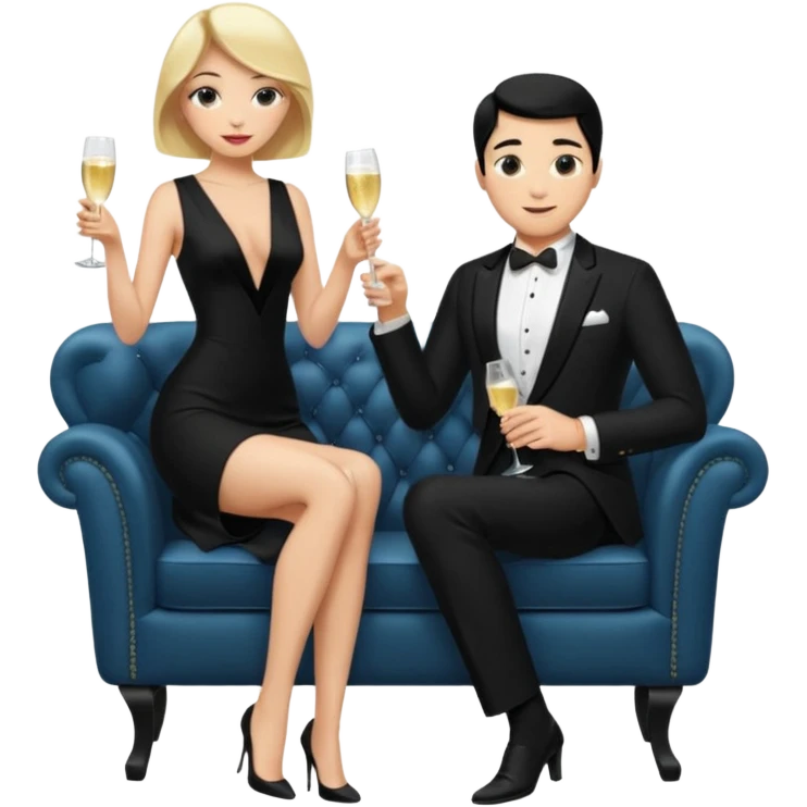 Blonde woman, black, Long, tight, sleveless Dress, Slot left Leg, man, DARK Hair, in Dinner jacket, Background bedroom, drinking champaign emoji