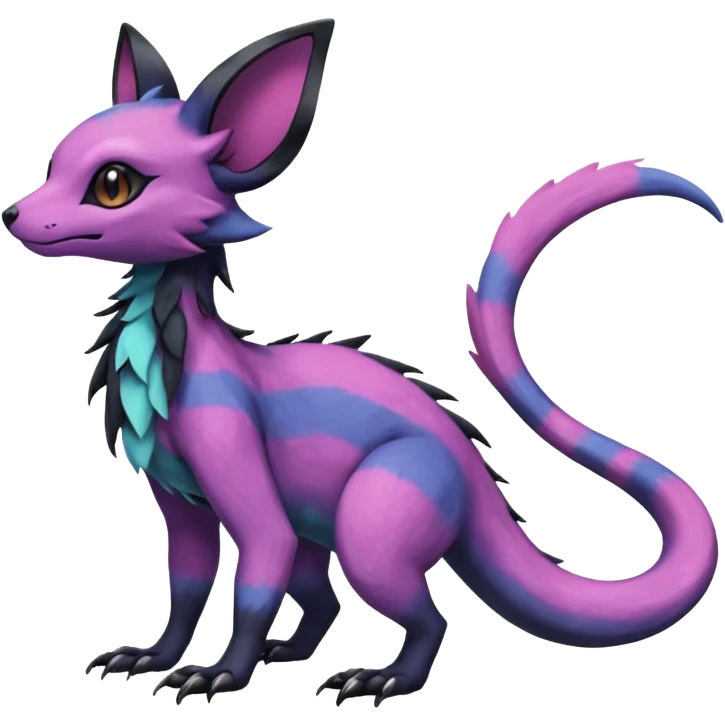 Rare epic aesthetic iridescent spooky gloomy colorful Salandit-Noibat-Eevee-Genet-species-Fakemon-hybrid-creature, with markings, full body emoji