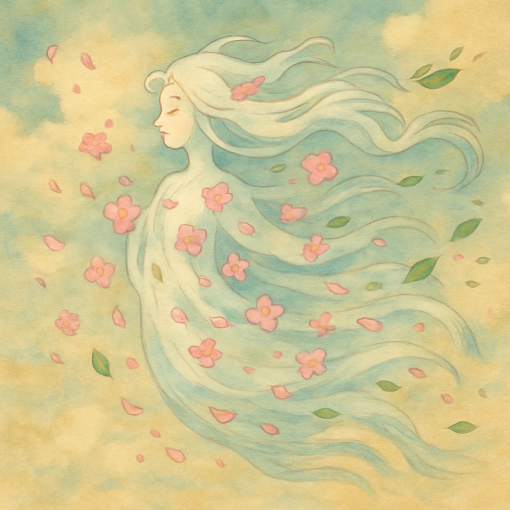 An elegant wind spirit with a flowing, ethereal body made of swirling air currents and flower petals, long flowing hair, visible only by the leaves and dust it carries, painted in a soft whimsical style emoji