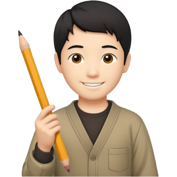 A Japanese male character with short hair, smiling, holding a pencil in his hand. emoji