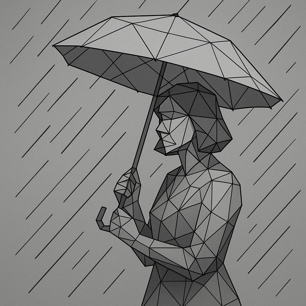 Low-poly woman holding an umbrella in angular rain. emoji