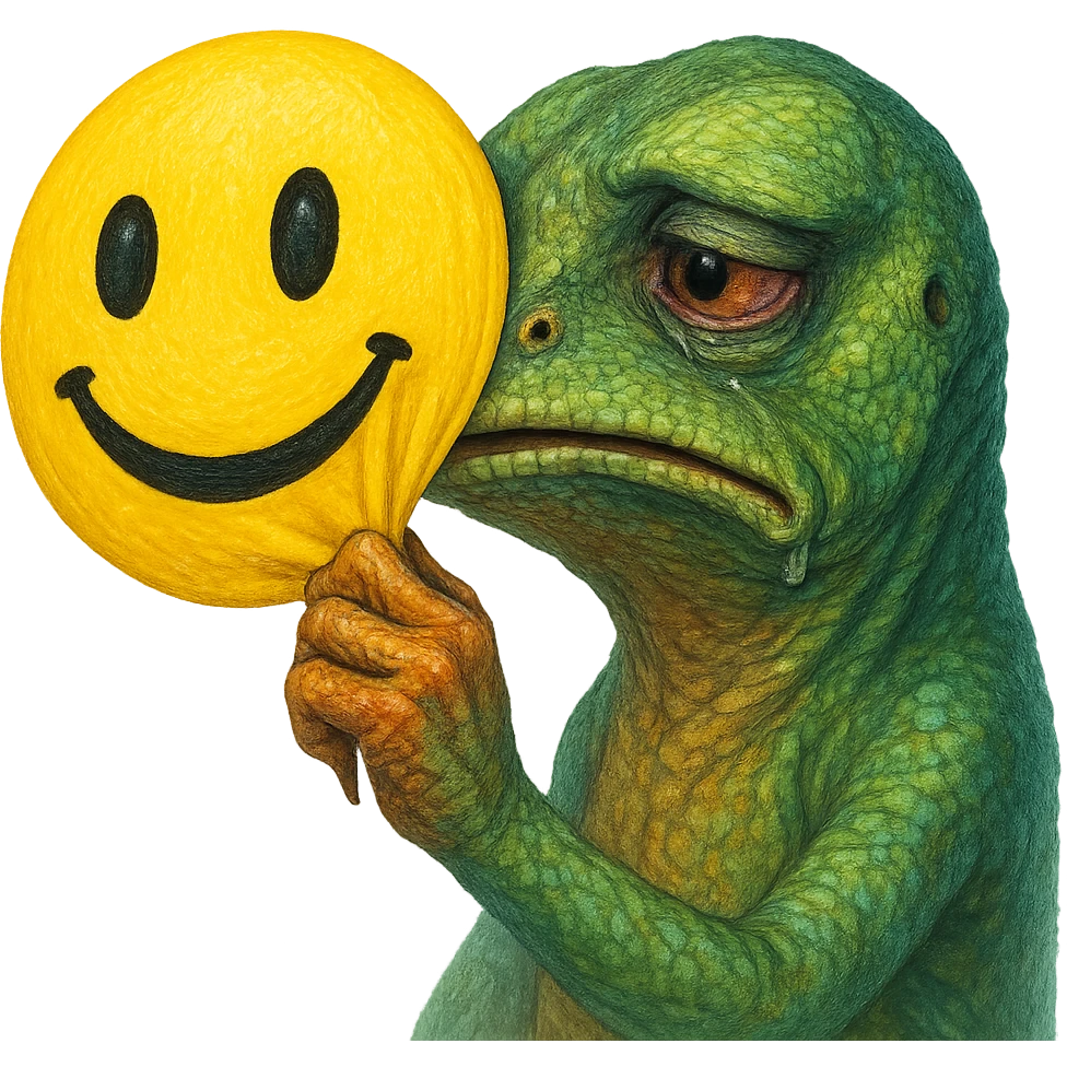 a sorrowful lizard pulling away a cheerful emoji mask, focus on the act of removal, vivid colors, detailed face emoji