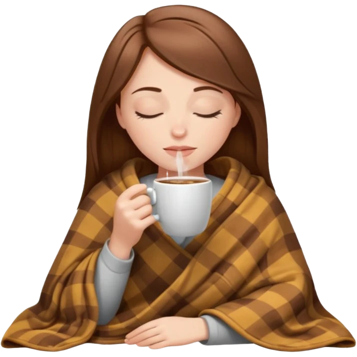 brown-haired white girl inside a blanket sipping coffee eyes closed emoji