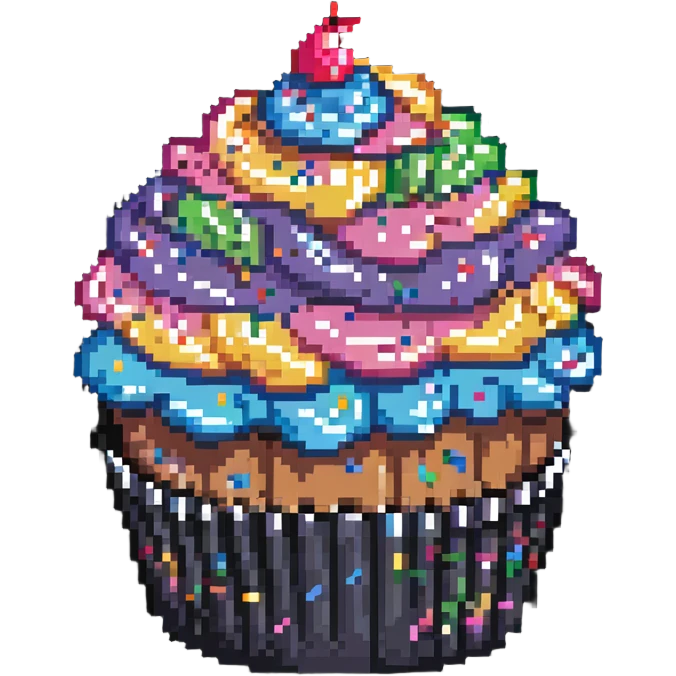 large cupcake with pink frosting covered in rainbow sprinkles in pixel art style emoji
