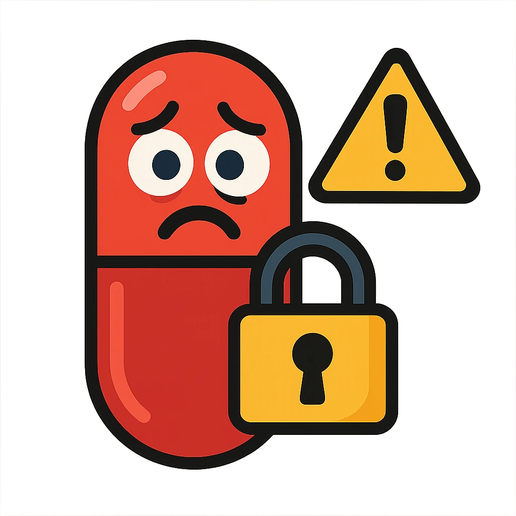 cartoon icon of a red medicine capsule with a lock, anxious eyes, warning sign emoji