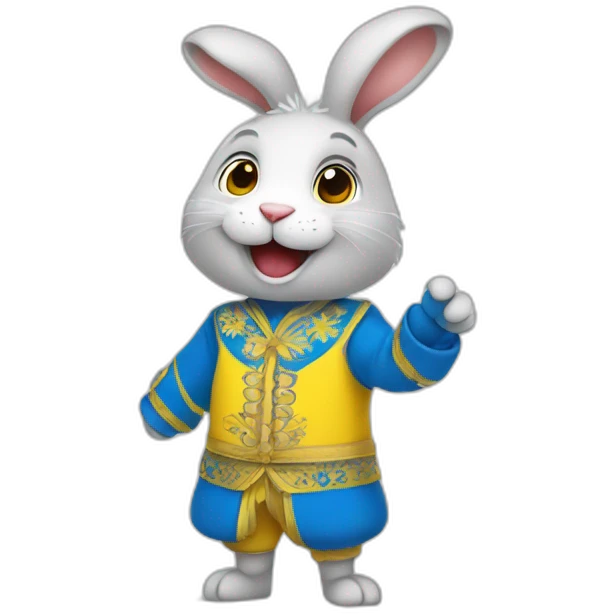 the rabbit is dressed in a costume in the color of the Ukrainian flag and smiles emoji
