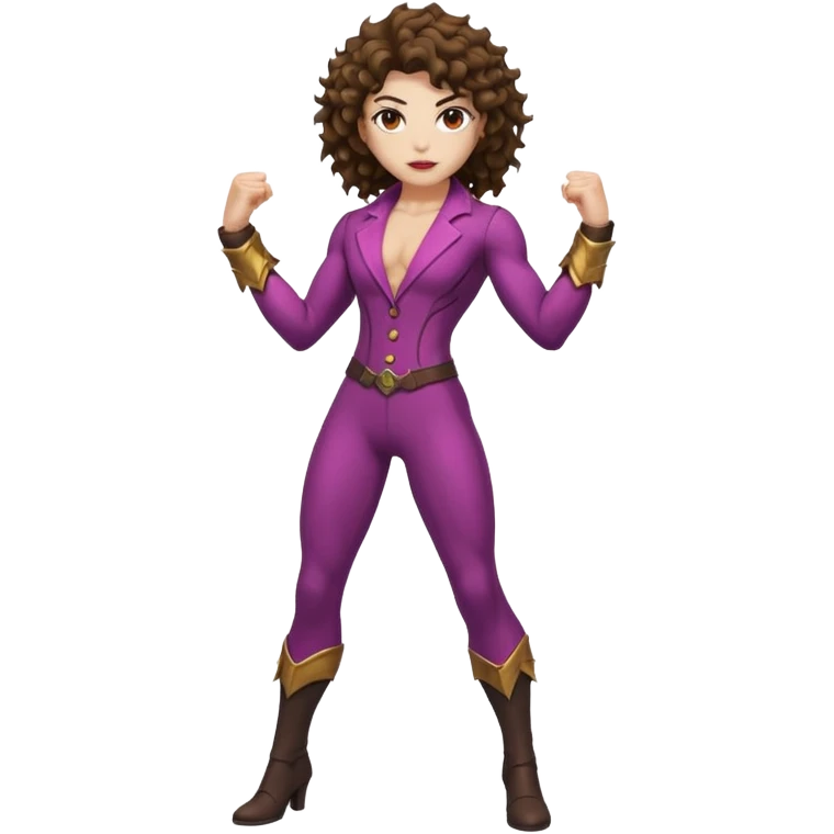 full body woman short curly brown mullet brown eyes white skin muscular build thorn berry rogue suit emoji