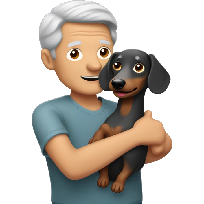 Older man with grey hair holding a dachshund in his arms emoji