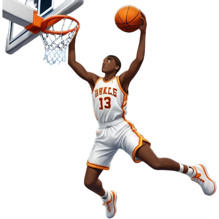 An icon showing a close-up of a basketball player in mid-air, performing an impressive dunk, inspired by NBA 2K25. The player is focused, with the ball in hand and the court in the background. Bright lights emphasize the action and excitement. Transparent background. emoji