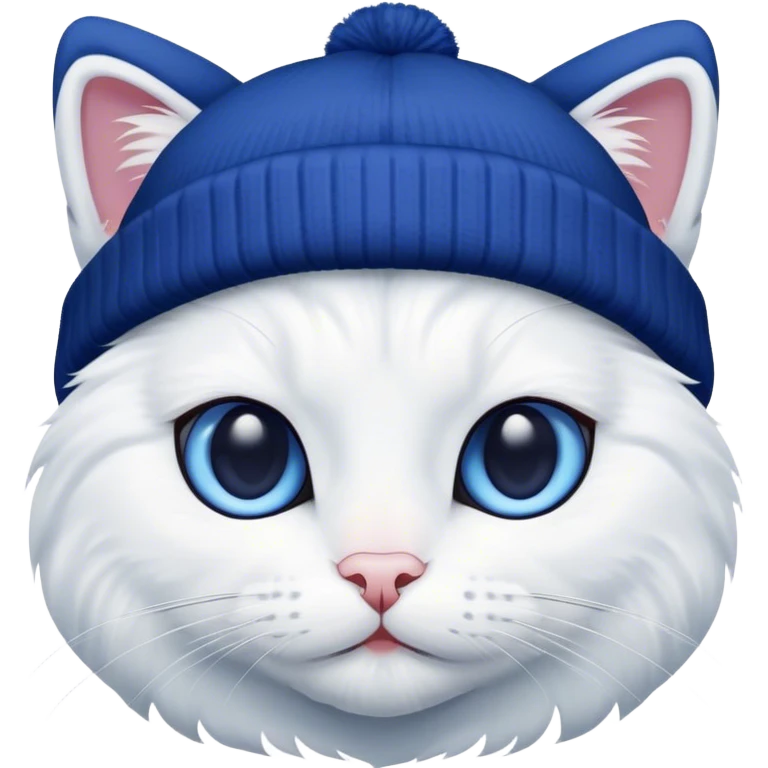 white cat with dark blue beanie emoji