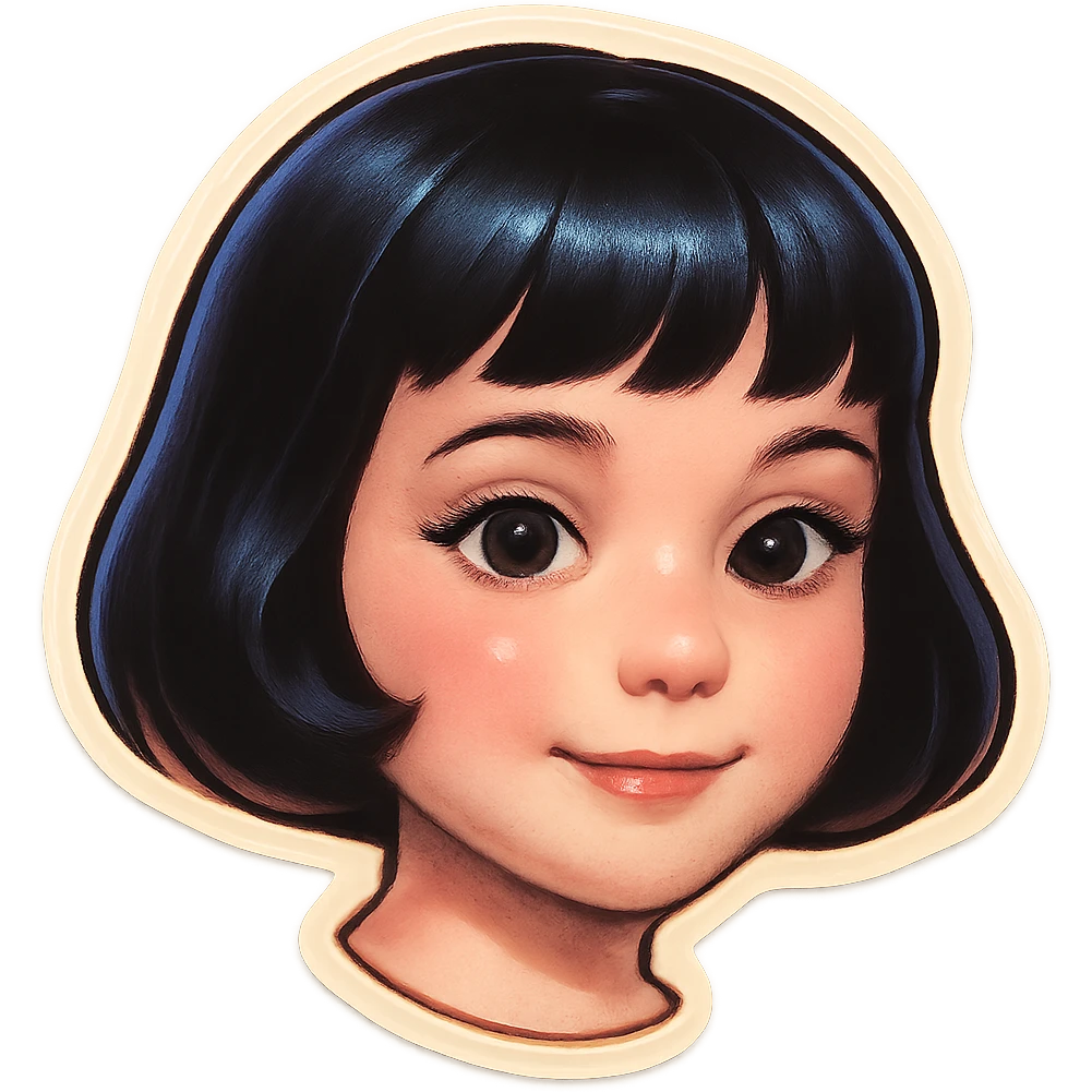 young cute girl with pale skin, black bob haircut, light makeup, big expressive eyes, gentle smile, Telegram sticker style, head only without neck, white background emoji