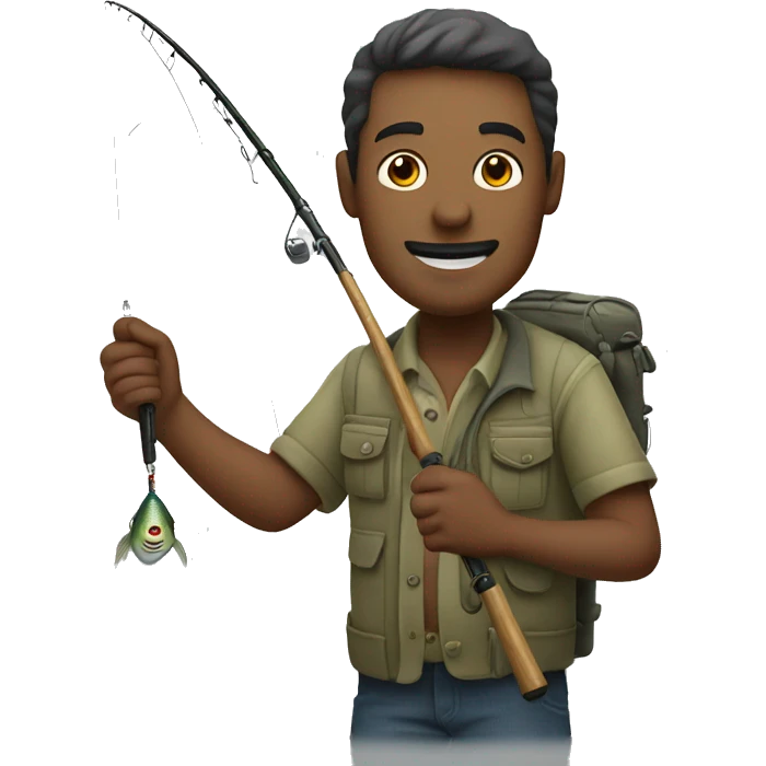 man holding fishing rod hooked with fish emoji